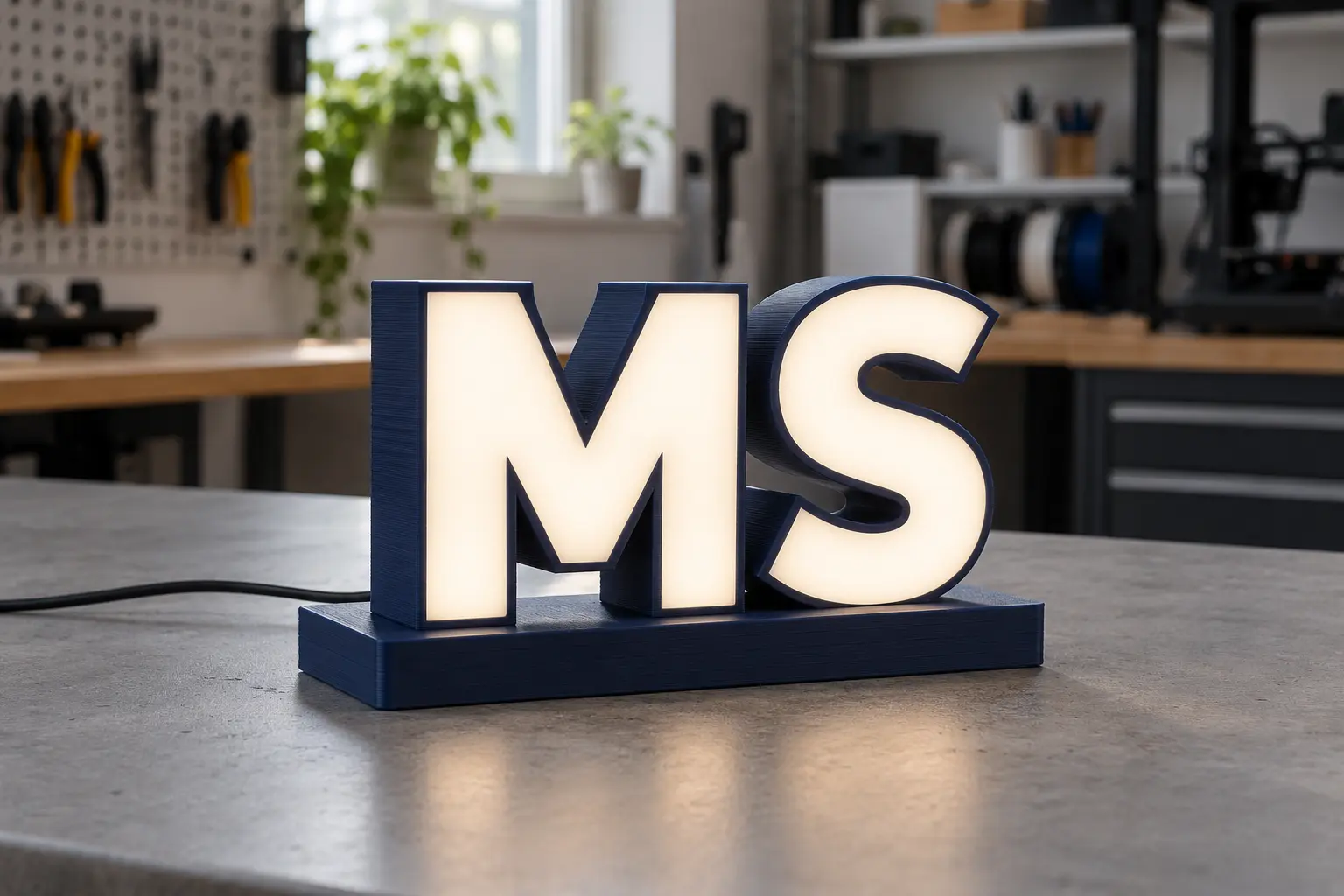 Illustrative render of dark navy printed MS letters with softly lit white faces on a desktop base