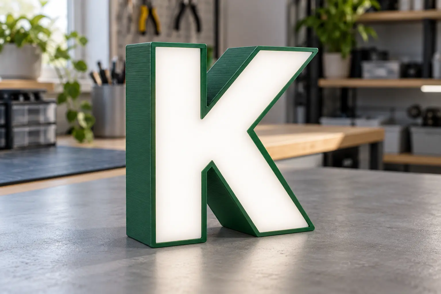 AI-generated concept of a forest-green 3D printed K with an illuminated white face on a workbench